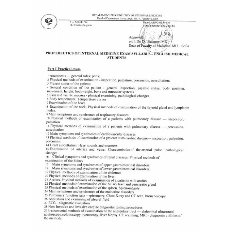 Propedeutics of Internal Medicine Exam Syllabus - English Medical Students