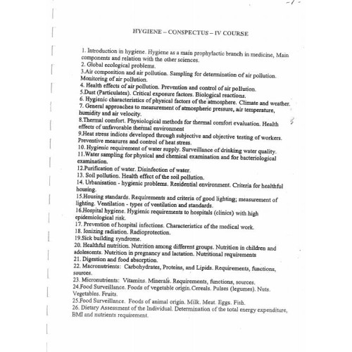Hygiene - Conspectus - IV Course Hygiene - Conspectus - IV Course