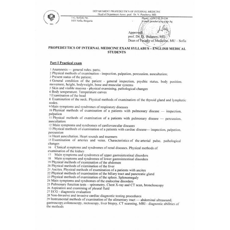 Propedeutics of Internal Medicine Exam Syllabus - English Medical Students